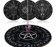 Load image into Gallery viewer, 5 Pieces Pendulum Board Dowsing Divination Set Include 4 Pieces Metaphysical Message Board Wooden Divination Board and 1 Pieces Crystal Amet - ghostswithin